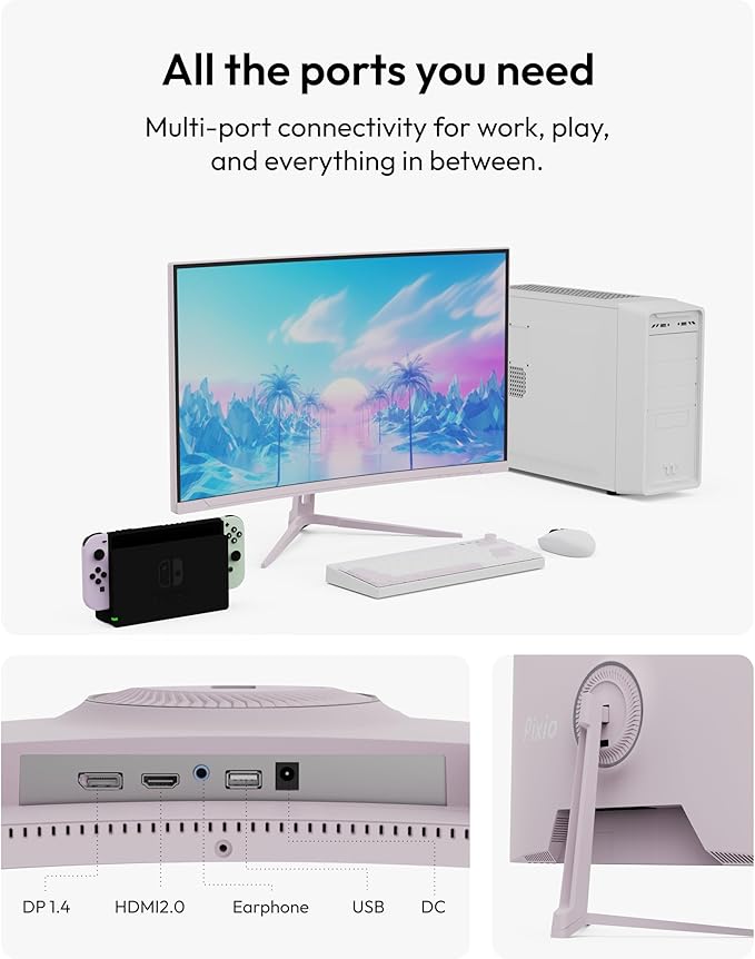 Pixio PXC248 Wave Pink 24 inch 200Hz Refresh Rate FHD 1080p Resolution 1500R Curve Fast VA Panel 1ms GTG Response Time Adaptive Sync HDR Curved Gaming Monitor