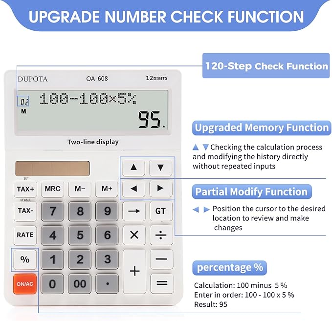 Desktop Calculator Large Display Big Buttons with 12 Digits 2-line LCD, Dual Solar Power and Battery, Calculator with Tax and Check Function for Office, Home, School and Business Large Size（OA-608）