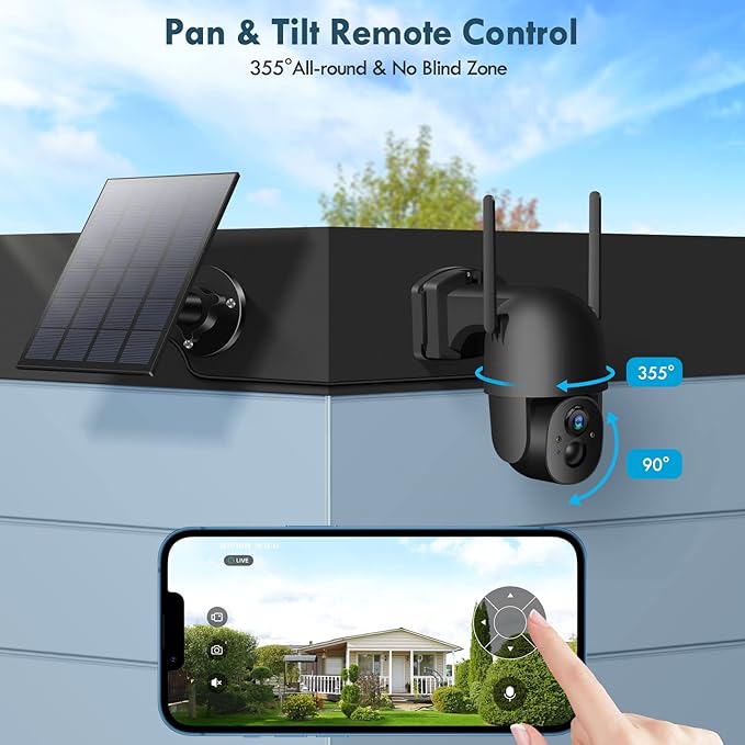 Solar Security Cameras Wireless Outdoor, 3MP 2K FHD Outdoor Camera Wireless 2.4G Wi-Fi 355° View Pan Tilt Security Cameras with AI Motion Detection, Siren (Black)