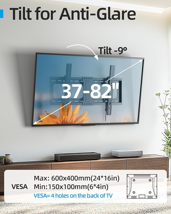 Tilt TV Wall Mount Fits 16-24" Studs, Holds 37-82" TVs up to 132 lbs, Max VESA 600x400mm - by USX STAR