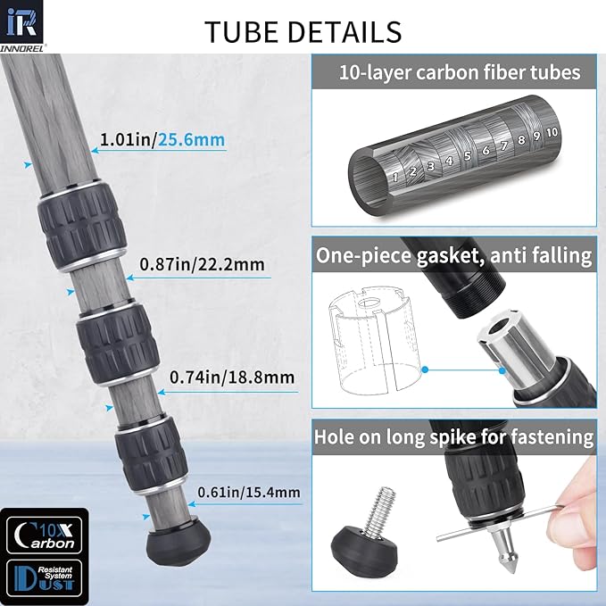 Carbon Fiber Tripod-INNOREL GT254C Professional Camera Stand Compact Portable Tripod for Digital DSLR Camera 4-Section Camera Stand Support with Special-Shaped Center Column Load 33lb/15kg