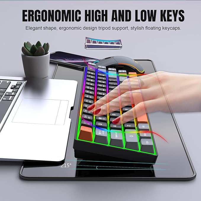 Snpurdiri 60% Wireless Gaming Keyboard and Mouse Combo,Rainbow Backlit Rechargeable 2000mAh Battery,Mini Mechanical Feel Keyboard + Popular RGB Mice for Gaming,Business Office(Gray-Black-Orange)