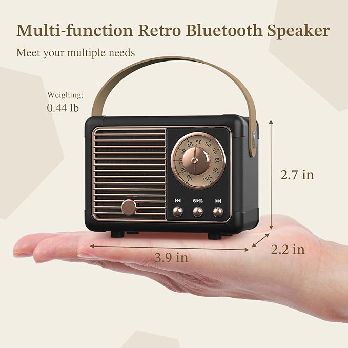 PRUNUS J-999 Retro Bluetooth Speaker,Vintage Decor,Mini Wireless Bluetooth Speaker,Cute Old Fashion Style Support USB/TF Card/AUX for Kitchen Desk Bedroom Office Party Outdoor(Black)