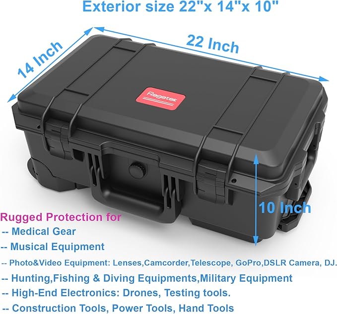 Waterproof Travel Camera Hard Case with Padded Divider, 22 x 14 x 10 Inch, Rolling Case for Camera, Gear, Equipment, Dustproof, Shockproof,Airline Carry-On Approved, Inner 19.8"x 10.9" x 6.8"