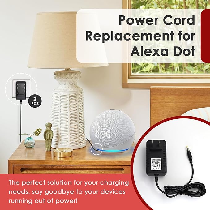 2 Pcs Power Cord for Alexa Dot 3rd / 4th / 5th Gen 2022, Echo Show Black Charger Cable - 1.5M Long Power Adapter
