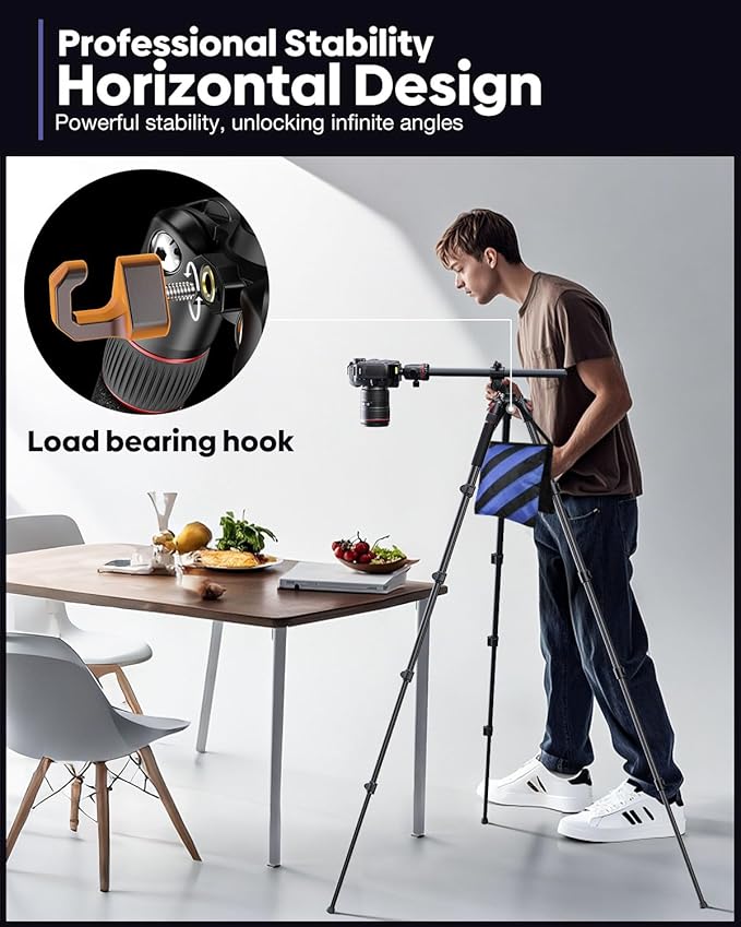 68" Horizontal Overhead Tripod for Camera, Aluminum Camera Tripod with Ball Head for Macro & Overhead Shooting, Detachable Monopod, 1/4" Arca QR Plate, 33lb Load Capacity