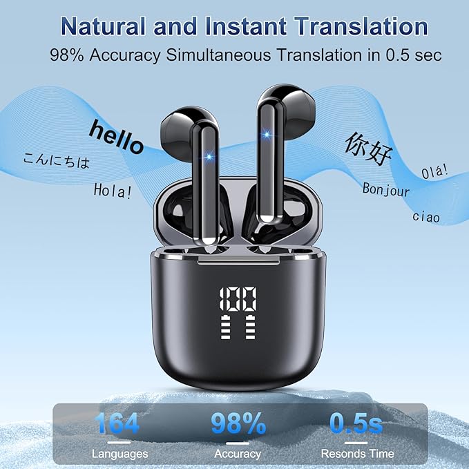AI Translation Earbuds Real Time, 164 Language Translator Earbuds 3-in-1 Bluetooth 5.4 with APP, Translation Headphones with 6 Translation Modes Translating Device for Travel/Business/Learning, Black