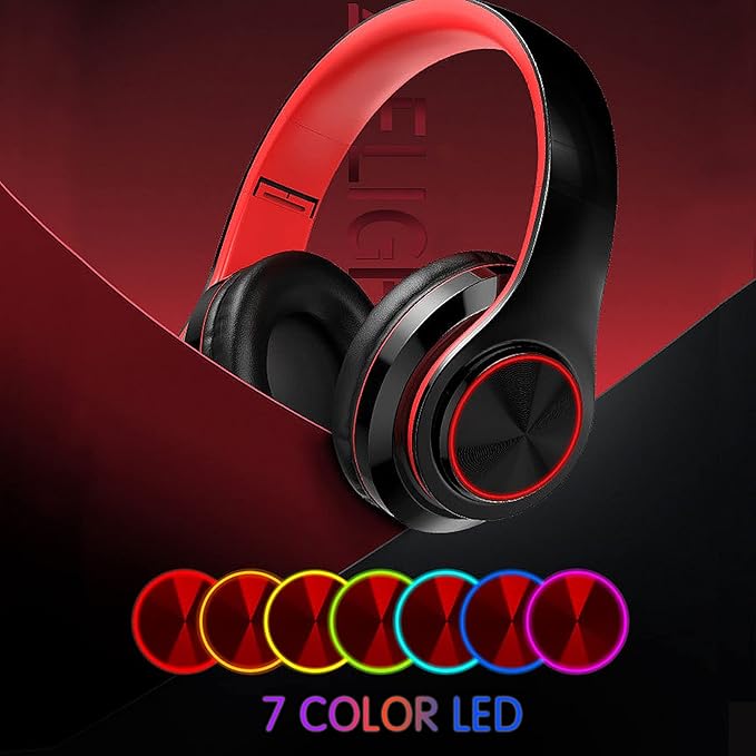 Bluetooth Wireless Over Ear Headphones, HiFi Stereo Sound Foldable Headset,Colorful LED Lights Headphones with Built-in Mic,Wired for School/Tablet Computer/PC/TV/Cellphones/Travel (Black Red)