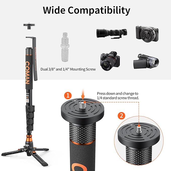 Monopod for Camera, COMAN Camera Monopod with Feet Q6 Fluid Head with Tripod Stand 70.6 inch Max Load 22 Lbs for Photography, Cameras, Canon, Nikon, Sony, DSLR, Video Camcorder