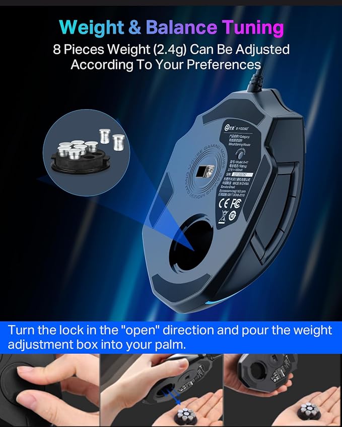 E-YOOSO Wired Large Gaming Mouse, Big Gamer Mouse with Rapid Fire Button, 5 Side Buttons, 12400 DPI, 5 Backlit Modes, 11 Programmable Macro Shortcuts, Adjustable Weights, Comfort Grip for Windows