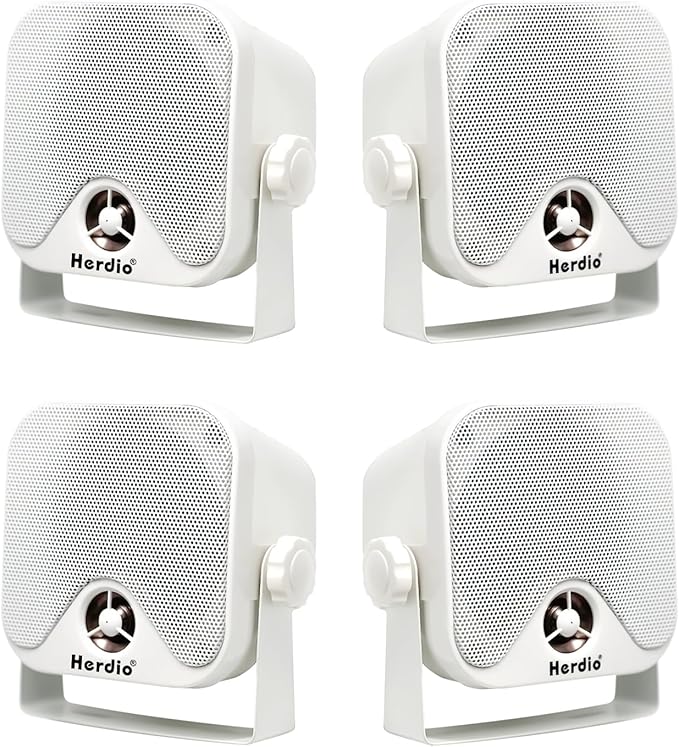 Herdio 4 Inches Heavy Duty Waterproof Boat Marine Box Outdoor Speakers Surface Mounted for Skid Steer ATV UTV RZR RV Golf Cart Tractor Powersports Boat Truck Jeep(4 White Speakers)