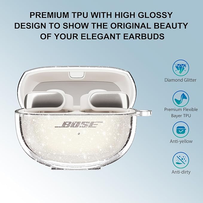 for Bose Ultra Open Earbuds Case Glitter,Cute Sparkle Bling for Bose Ultra Open Case Cover 2024,Soft TPU Cover for Bose Open Ear Earbuds Accessories with Carabiner and Cleaning Pen-Glitter