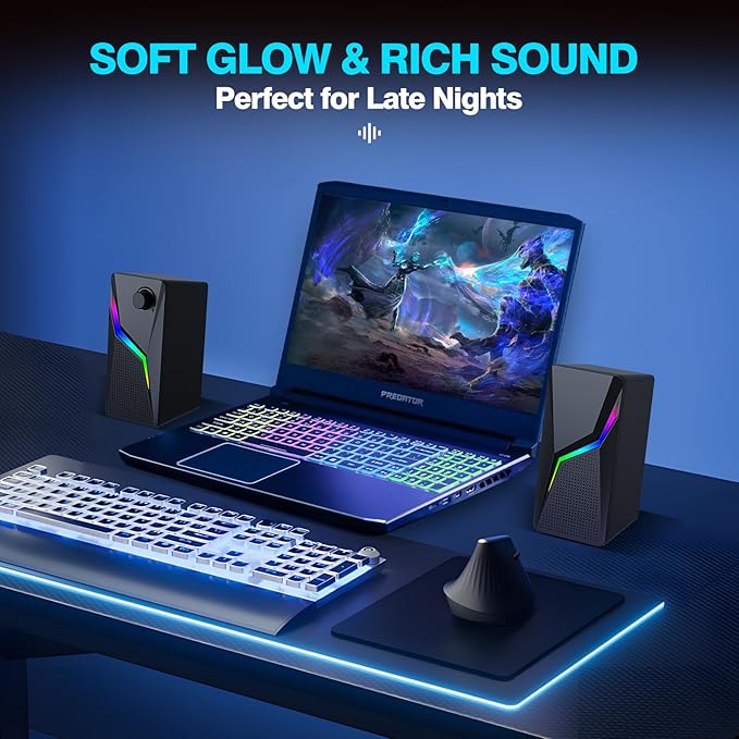 Computer Speakers, PC Speakers for Desktop with 6 Lighting Modes, PC Gaming Accessories, Stereo Sound Desktop Computer Speakers with 2 Bass-Boost Ports, USB Powered 3.5mm AUX Cable