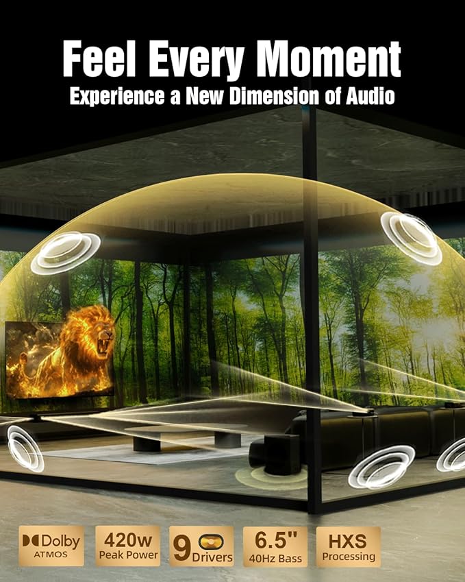 Hiwill 5.1ch Dolby Atmos Surround Soundbar w/ 6.5'' Big Wireless Subwoofer, Extend Soundstage, Deepen Bass, Clarify Dialogue, 2 Wired Rear Speakers Home Theater TV Sound Bar, eARC/Opt, HiElite A51PRO