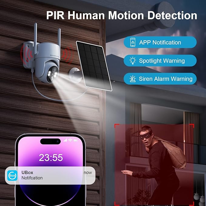 Wireless Security Camera Outdoor, 360° PTZ Remote Cameras for Home Security Solar Powered, 2K 3MP Surveillance & Security Cameras with Spotlight Color Night Vision, PIR Sensor, 2-Way Audio