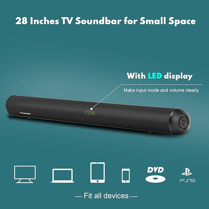 Wohome Soundbar for TV - 28-Inch Sound Bar with HDMI-ARC, Bluetooth, LED Display, Optical, USB, and AUX Inputs - 80W, 4 Speakers, Surround Sound Home Theater System