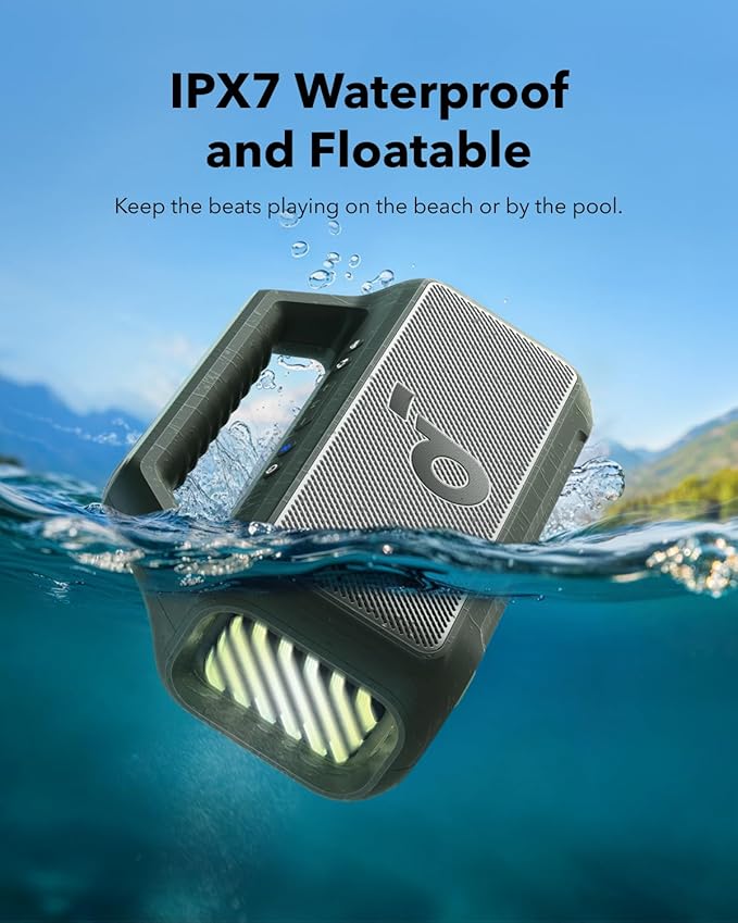 soundcore Boom 2 By Anker, Outdoor Speaker, 80W, Subwoofer, BassUp 2.0, 24H Playtime, IPX7 Waterproof, Floatable, RGB Lights, USB-C, Custom EQ, Bluetooth 5.3, Portable for Camping, Beach, and Backyard