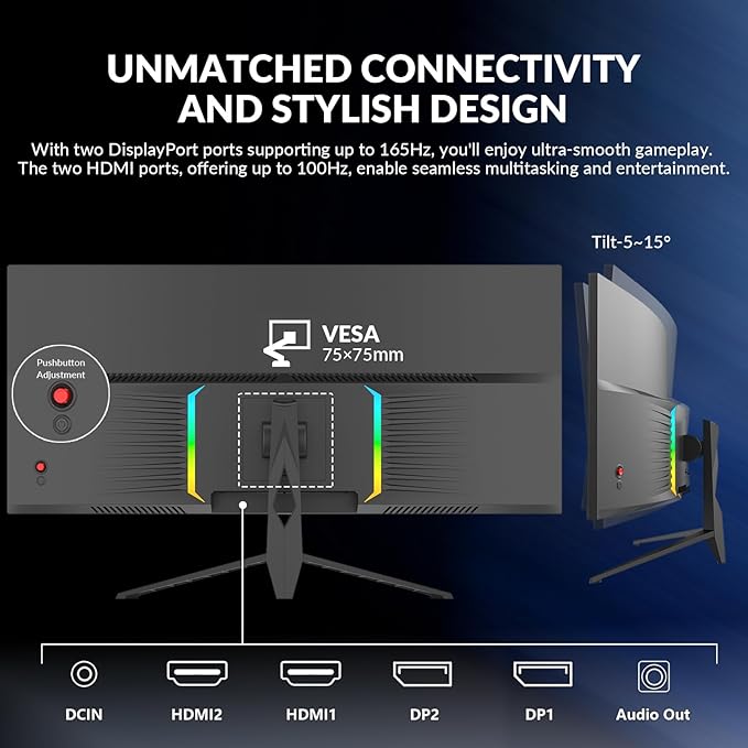 34 Inch Curved Gaming Monitor, UWQHD 3440x1440, 165Hz 1ms, Ultrawide 1500R, FreeSync, HDR, 99% sRGB, HDMI 2.0/DP 1.4, Eye Care, VESA Mountable, Tilt Adjustable