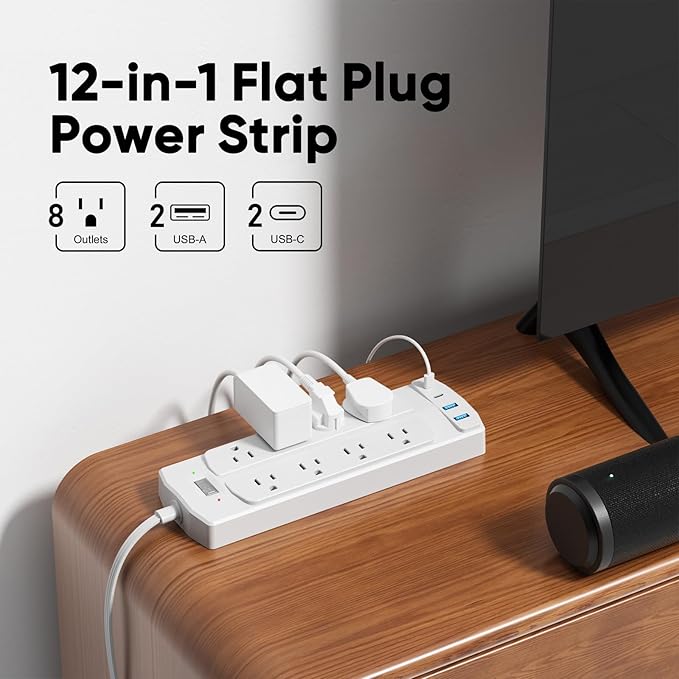 Surge Protector Power Strip, Yozisital Flat Plug Extension Cord with 8 AC Outlets & 4 USB Ports (2 USB-C), 5 FT Power Cord, 1200 Joules, Wall Mount, Desk Charging Station for Home Office, White