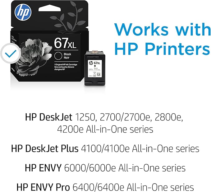 HP 67XL Black High-yield Ink Cartridge for HP Printers | Works with Printer Series: DeskJet 1255, 2700, 4100, ENVY 6000, 6400 Series | Eligible for Instant Ink | 3YM57AN | Packaging May Vary