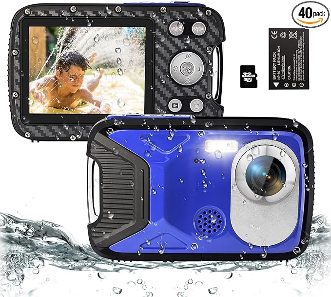 16FT Underwater Camera 30MP Waterproof Digital Camera with 32G Card and Rechargeable Battery, 18X Point and Shoot Camera for Boys Girls Children Teens Snorkeling Swimming Vacation(Blue)