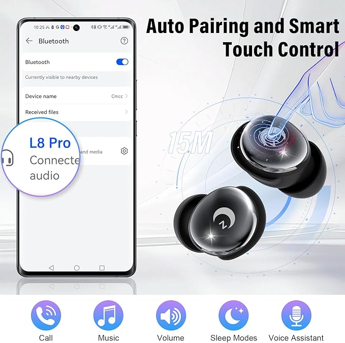 Sleep Earbuds Bluetooth 5.4 Smart Touch Screen in Ear Ear Buds, 48H Mini Sleep Headphones Small Design for Side Sleepers, Crystal-Clear Calls, 5 EQ Modes, IPX7 Waterproof Earphones, Black Earbuds