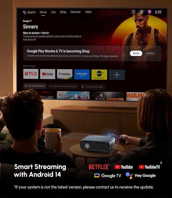 Ultra HD 4K Projector with Google TV & Netflix Licensed, 1900 ANSI Daytime Home Theater Projector, AI Autofocus, Dolby Audio, Short Throw, HDMI ARC, WiFi6 Bluetooth, NFC Screencast for Outdoor Party