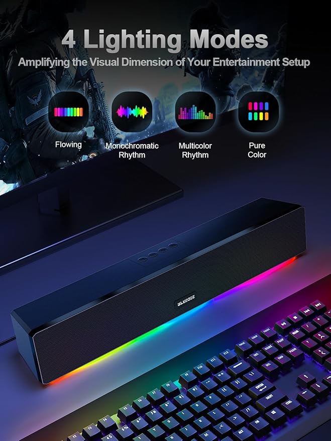 Computer Speakers, 24W Bluetooth Computer Soundbar, 3.5mm Aux-in Computer Speakers for Desktop Monitor, Computer Sound Bar with Deep Impactful Bass, Gaming Speakers for PC,Laptop,Tablet