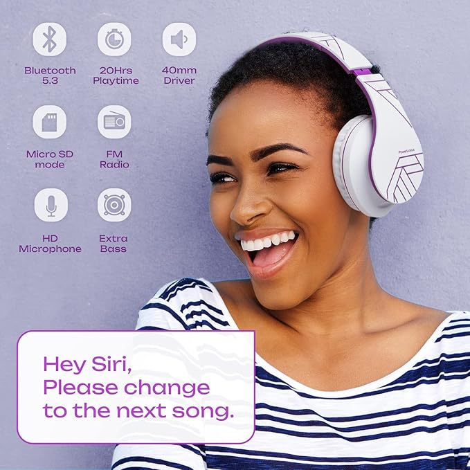 PowerLocus Bluetooth Over-Ear Headphones, Wireless Stereo Foldable Headphones Wireless and Wired Headsets with Built-in Mic, Micro SD/TF, FM for iPhone/Samsung/iPad/PC (White/Violet)