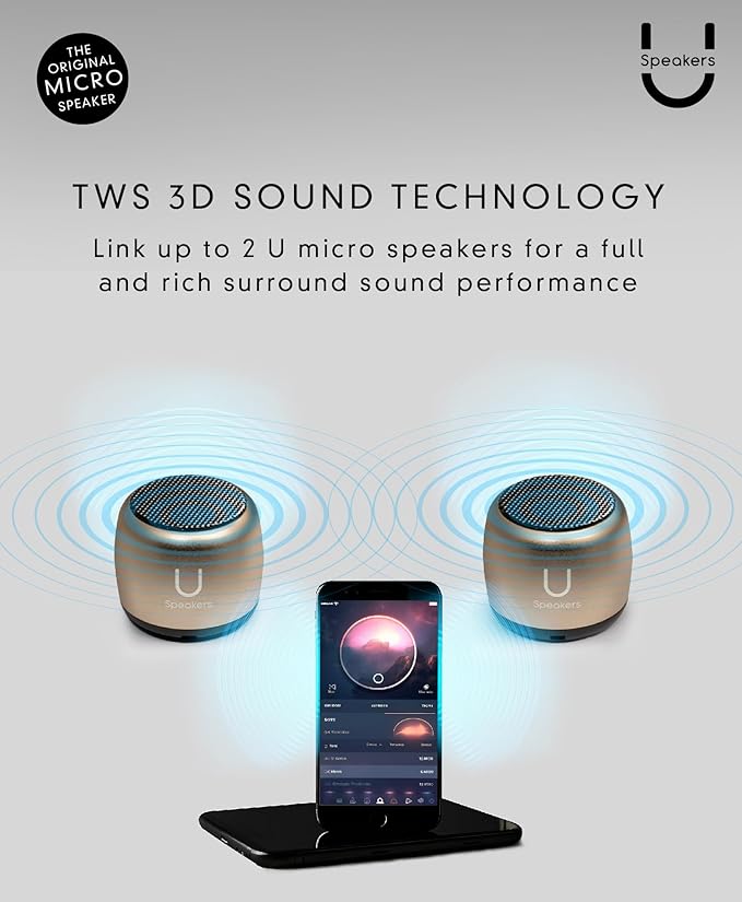 Fashionit U Micro - Small Bluetooth Speaker | Coin-Sized Speakers Bluetooth Wireless with Built-in Mic & Remote Shutter | Portable Rich Sound for Travel, Shower, Beach | Gold
