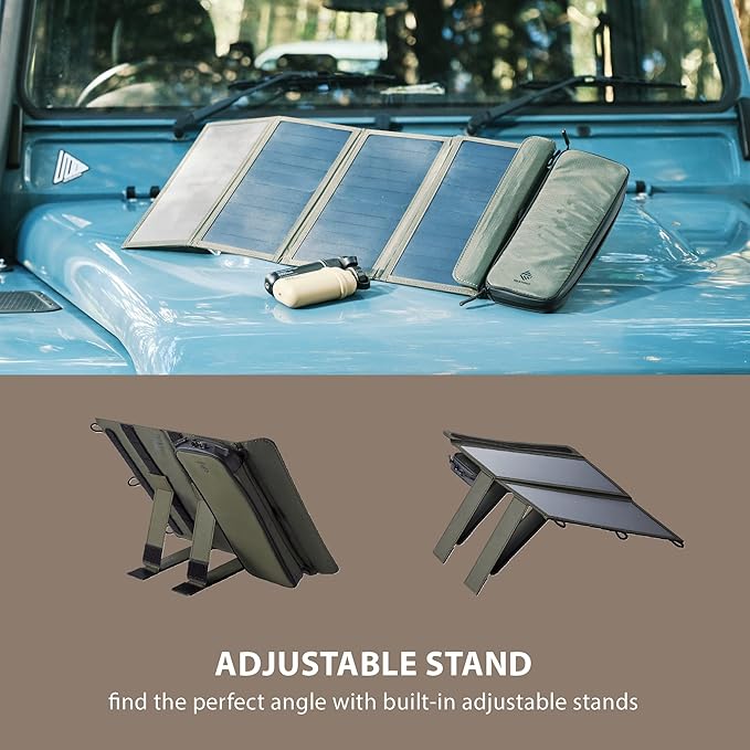 ELECOM NESTOUT Portable Solar Panel, Dual USB-A Ports, 28W Power Generation Charger for Phone Camping, Durable Water-Resistant Ripstop Nylon, Foldable Lightweight, Adjustable Stands (2-Panel)