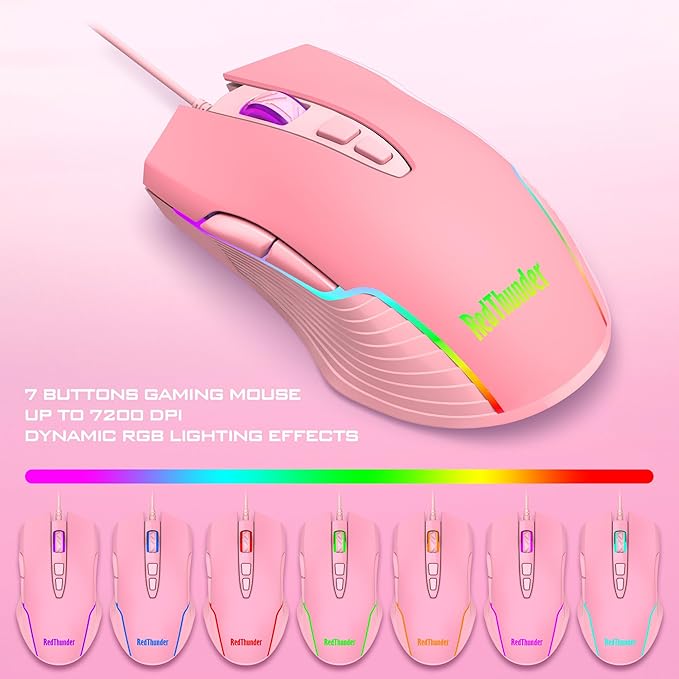 RedThunder K10 Wired Gaming Keyboard and Mouse and Wrist Rest Combo, RGB Backlit, Mechanical Feel Anti-ghosting Keyboard + 7D 7200 DPI Mice+Soft Leather Wrist Rest 3 in 1 PC Gamer Accessories(Pink)