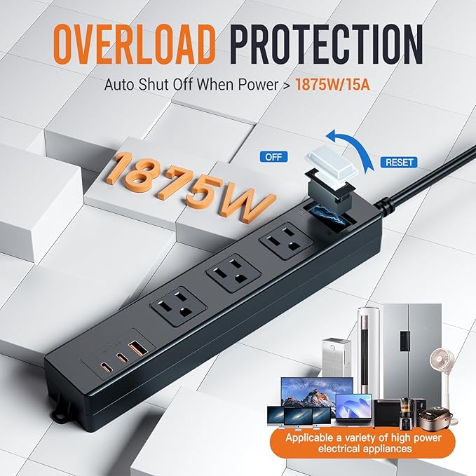 VNJ Outdoor Power Strip with 3AC Outlets + 3USB Ports, IPX6 Waterproof Surge Protector, Safety Lock Design and ETL-Certified Cables, 10FT Extension Cord for Home, Garden, and Commercial Use