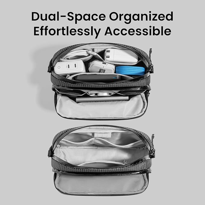 tomtoc Electronic Organizer Travel Case Performance, Water Resistant Dual Compartment Cable Organization Storage Bag for Charger, Cord, Phone, Hard Drive, Power Bank, Accessories Travel Essentials