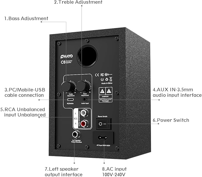 OHAYO 60W Computer Speakers for Music and Gaming, Active Bluetooth 5.3, Stereo 2.0 Speakers for Desktop PC or Laptop, 3.5mm Aux RCA Input, USB-Powered, 1 Pair, Black