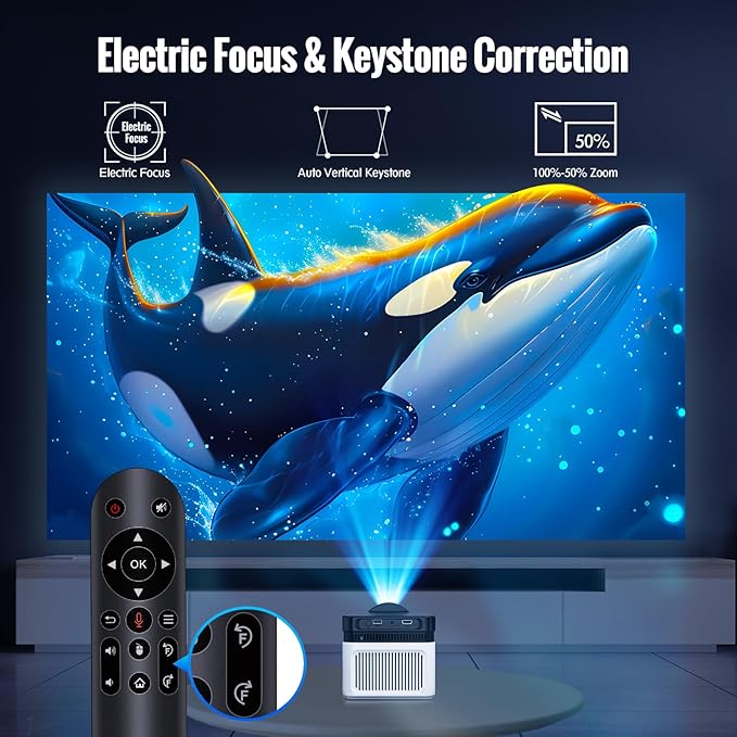 [700 ANS & Electric Focus] Short Throw Smart Projector with Wifi and Bluetooth, Mini Projector 1080P 4K Support, Auto Correction Video Proyector for Home Theater Outdoor Use