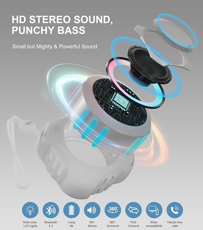 comiso Shower Bluetooth Speaker, Waterproof Bluetooth Speakers IPX7, Floating Portable Wireless Speaker with LED Light, Loud HD Sound and Bass for Travel Beach Shower, Ideal Gifts for Men and Women