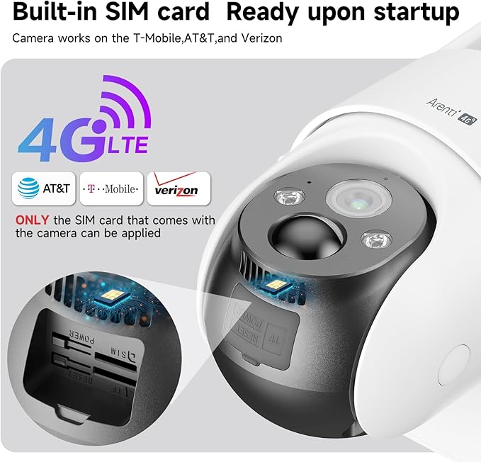 ARENTI 4G LTE Cellular Security Camera 2K, Solar Powered Live Feed Camera Outdoor Wireless for Home Security, Color Night Vision, 360° PTZ No WiFi Needed, PIR Sensor 2 Way Talk (Includes SIM Card)