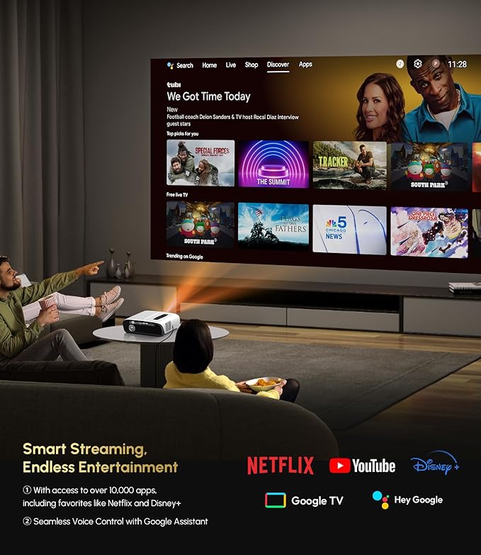 Ultra HD 4K Google TV Projector HDR10+ 1700 ANSI High-Bright Home Theater Projector, ToF Laser Auto Focus, WiFi6 Bluetooth, Shorter Throw, Dolby Audio, 30W Speaker, NFC Screencast for Outdoor Night