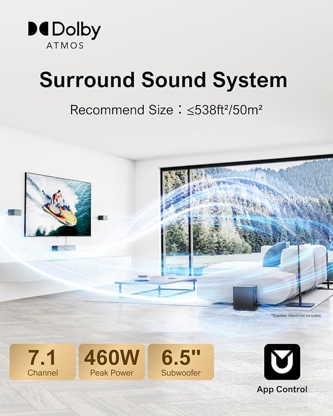 ULTIMEA 7.1 Surround Sound System for TV with Dolby Atmos, 460W Sound Bar for TV with 6.5" Subwoofer, APP Control, 4 Wired Surround Speakers, Home Theater Sound System, Poseidon D80 (2025 Upgrade)
