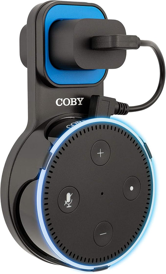 Coby Speaker Wall Mount Compatible with 2nd-Generation Alexa Echo Dot, Device Charging Dock and Storage Station, Cable Management Bracket for Wall Outlet, 7.5-Inch USB Charging Cord Included, Black