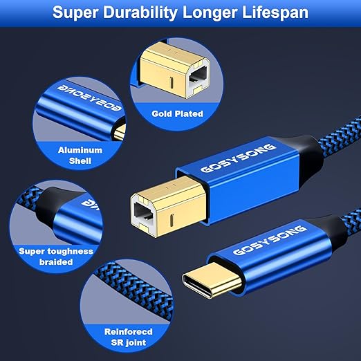 USB C Printer Cable 25ft, High Speed USB C Printer Cord Compatible with Printer, Scanner, Fax, Piano,Midi Keyboard,Audio Recording and More