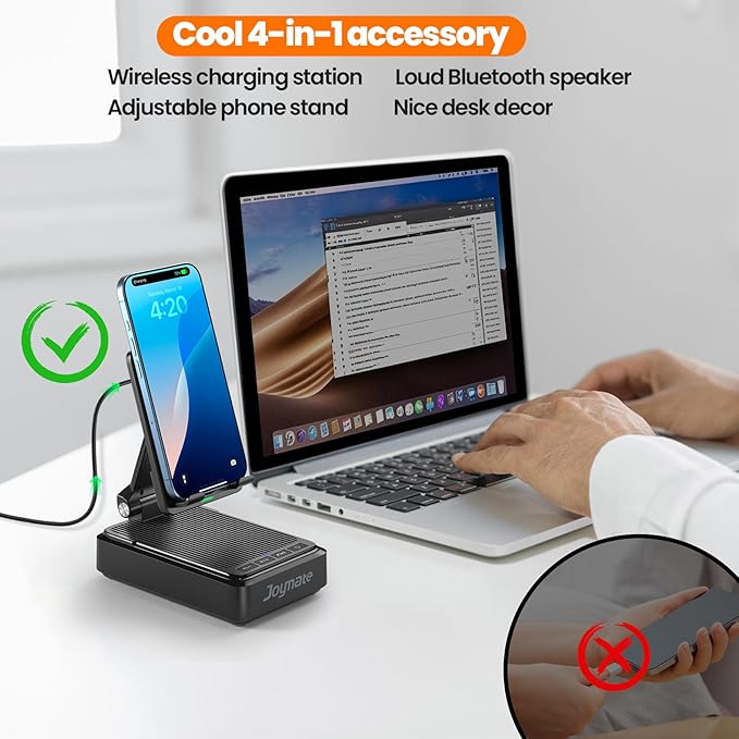 Gifts for Men and Women, Wireless Phone Charger Stand with Bluetooth Speaker and Adjustable Angle Phone Holder for Desk Tech Gift for Birthday/Anniversary (Black)