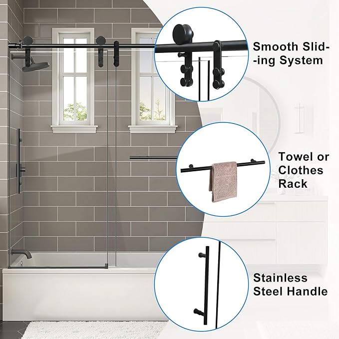 56-60" W x 66" H Tub Shower Door Bathroom Sliding Shower Door 5/16"(8mm) Thick Tempered Glass Shower Door with Double Stainless Steel Handles for Bathtub, Matte Black