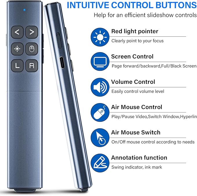 Presentation Clicker with Air Mouse - USB C Wireless Presenter Remote Clicker with Pointer, RF 2.4GHz PowerPoint Clicker for Presentation, Computer Pointer Clicker Slide Advancer for Mac,Laptop