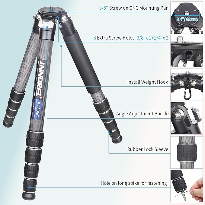INNOREL KT365C Compact Carbon Fiber Camera Tripod 36mm Max Tube Professional 5 Sections Travel Tripod for Digital DSLR Video Camcorder Heavy Duty Camera Stand Load 66.1lb/30kg with Center Column