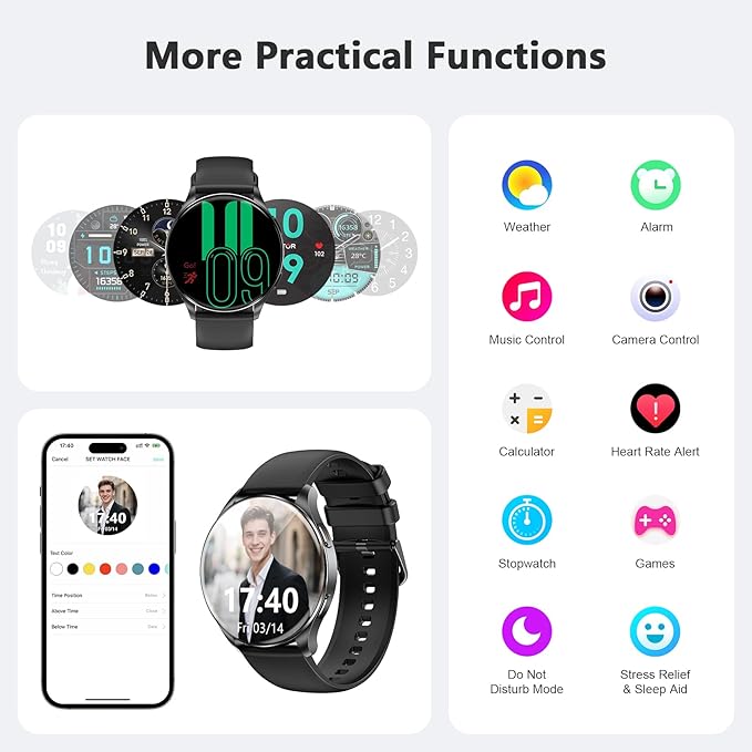 Blackview Smart Watch for Women Men (Make/Answer Calls),1.43''AMOLED Touchscreen Fitness Tracker with 100+ Sports Modes, Heart Rate/SpO2/Sleep Monitor/2 Straps, Smartwatch for iPhone & Android