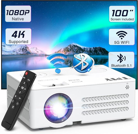 TMY Projector with WiFi and Bluetooth【100" screen included】Native 1080P Outdoor Projector, 4K Supported Portable Projector, Compatible with iOS/Android/PC/TV Stick/HDMI/USB, Indoor Outdoor Use