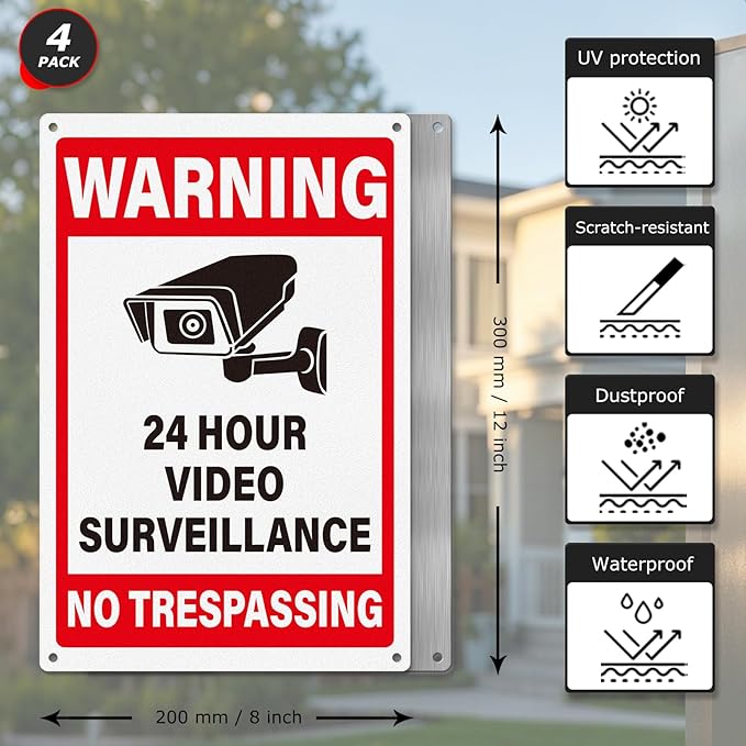 4 Pack 24 Hour Video Surveillance Signs 12 × 8 Inches No Trespassing Warning Sign Aluminum Reflective UV Protected Waterproof Signage for Home Business Yard