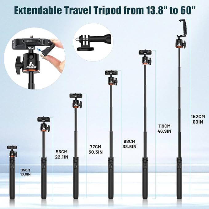 Ailight 60" Extendable Travel Tripod & Selfie Stick with Cold Shoe & Wireless Remote, 360° Ball Head for Vlogging - Lightweight Phone Tripod for iPhone